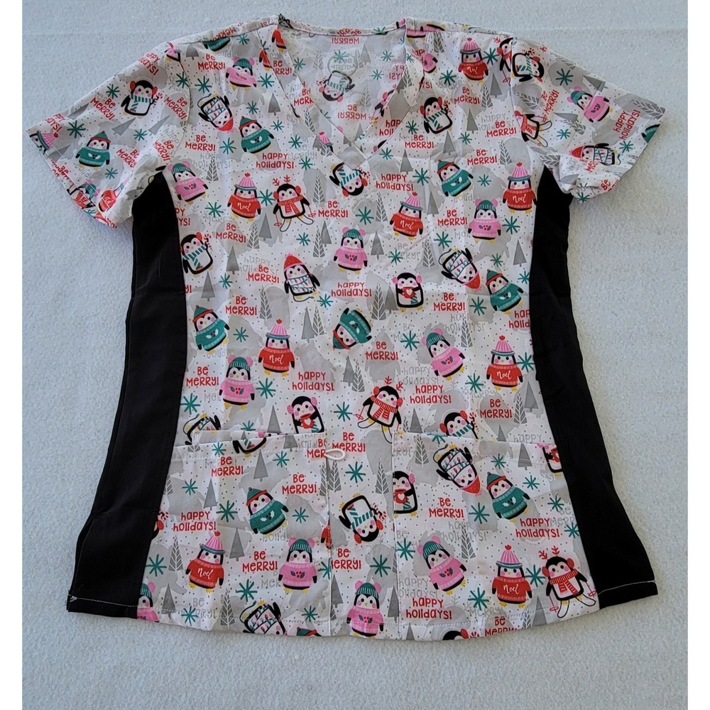 Divine Stretch Scrubs Uniform Christmas Penguins Print Nurse Healthcare Top S